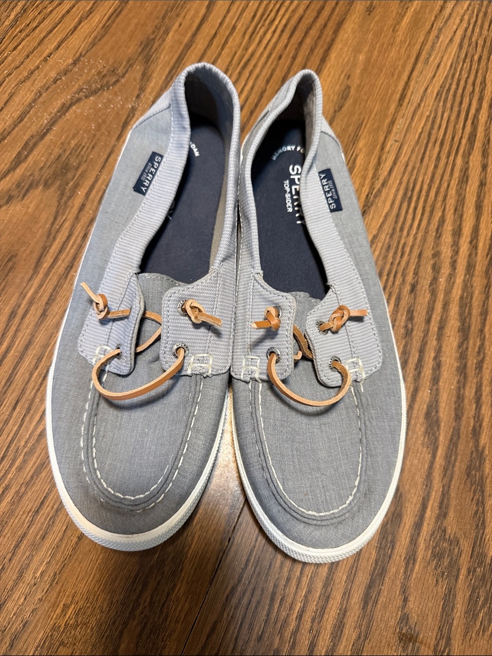Sperry Light Gray Canvas Slip-On Boat Shoes with Tan Leather Laces
